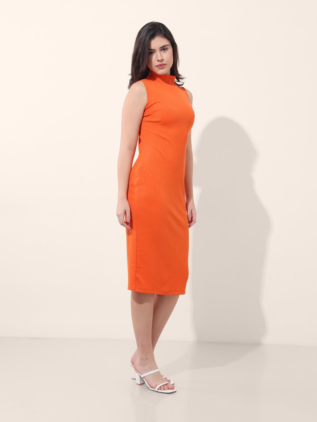 Women's Orange Regular Fit Casual Solid Dress