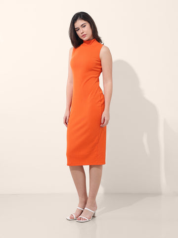 Women's Orange Regular Fit Casual Solid Dress