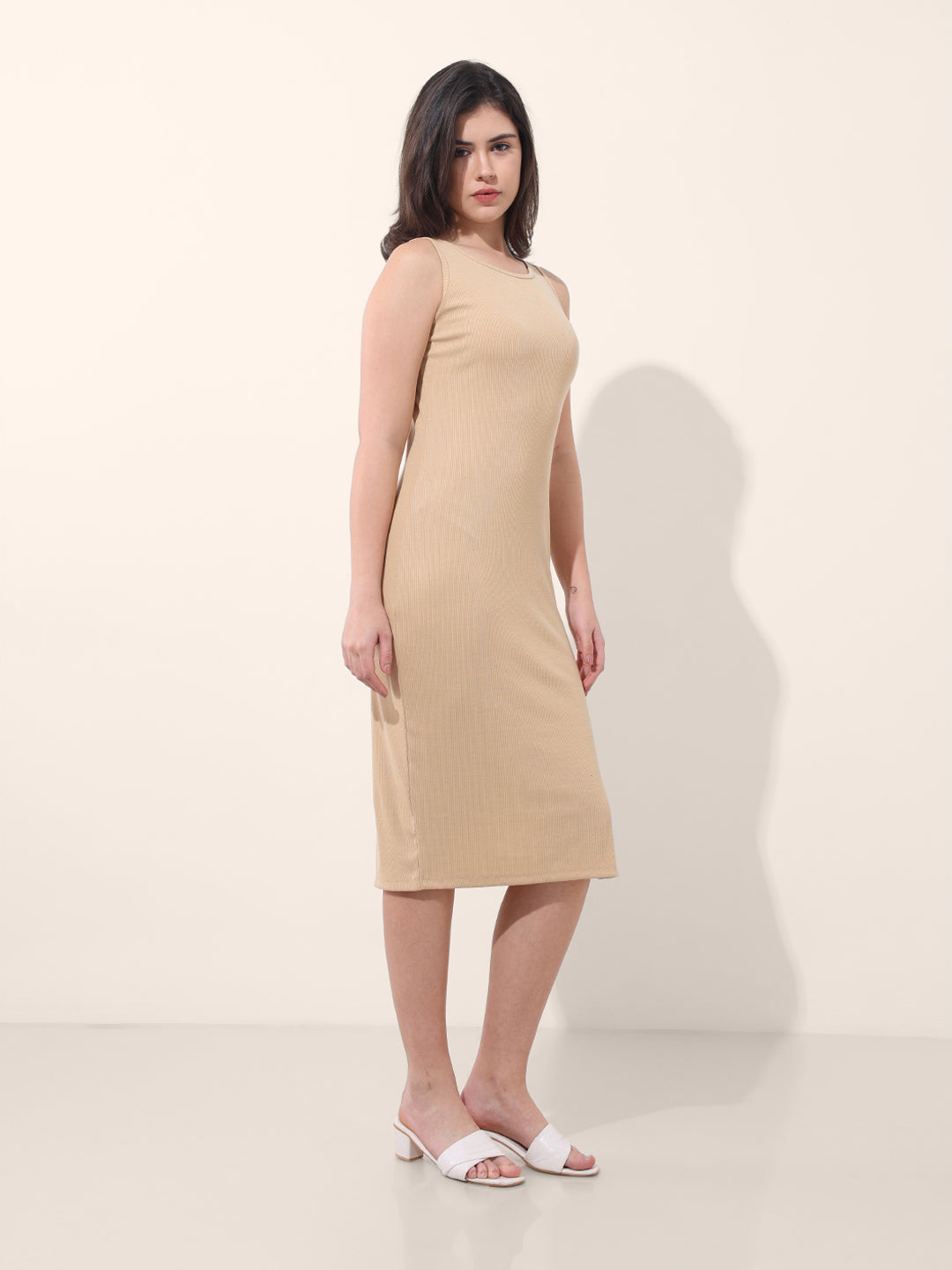 Women's Beige Regular Fit Casual Solid Dress