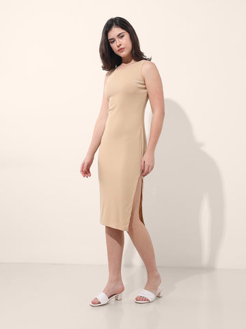 Women's Beige Regular Fit Casual Solid Dress