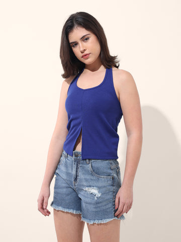 Women's Blue Regular Fit Casual Solid Tops