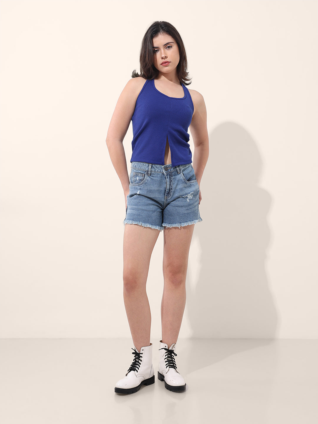 Women's Blue Regular Fit Casual Solid Tops