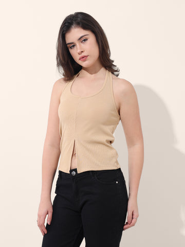 Women's Beige Regular Fit Casual Solid Tops