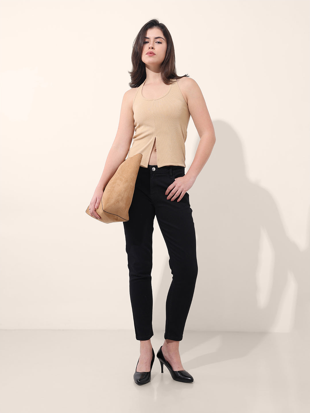 Women's Beige Regular Fit Casual Solid Tops