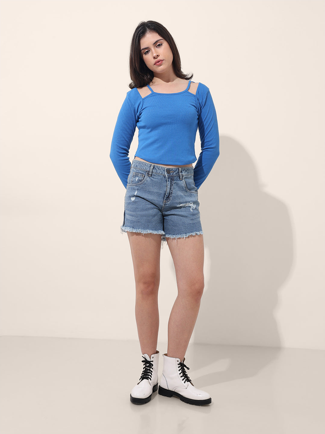 Women's Blue Regular Fit Casual Solid Tops