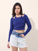 Women's Blue Regular Fit Casual Solid Tops