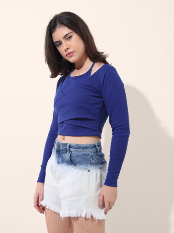 Women's Blue Regular Fit Casual Solid Tops