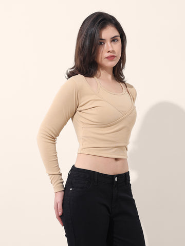 Women's Beige Regular Fit Casual Solid Tops