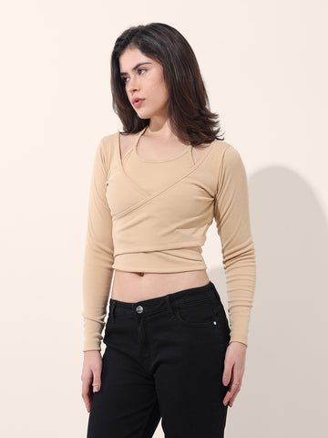 Women's Beige Regular Fit Casual Solid Tops