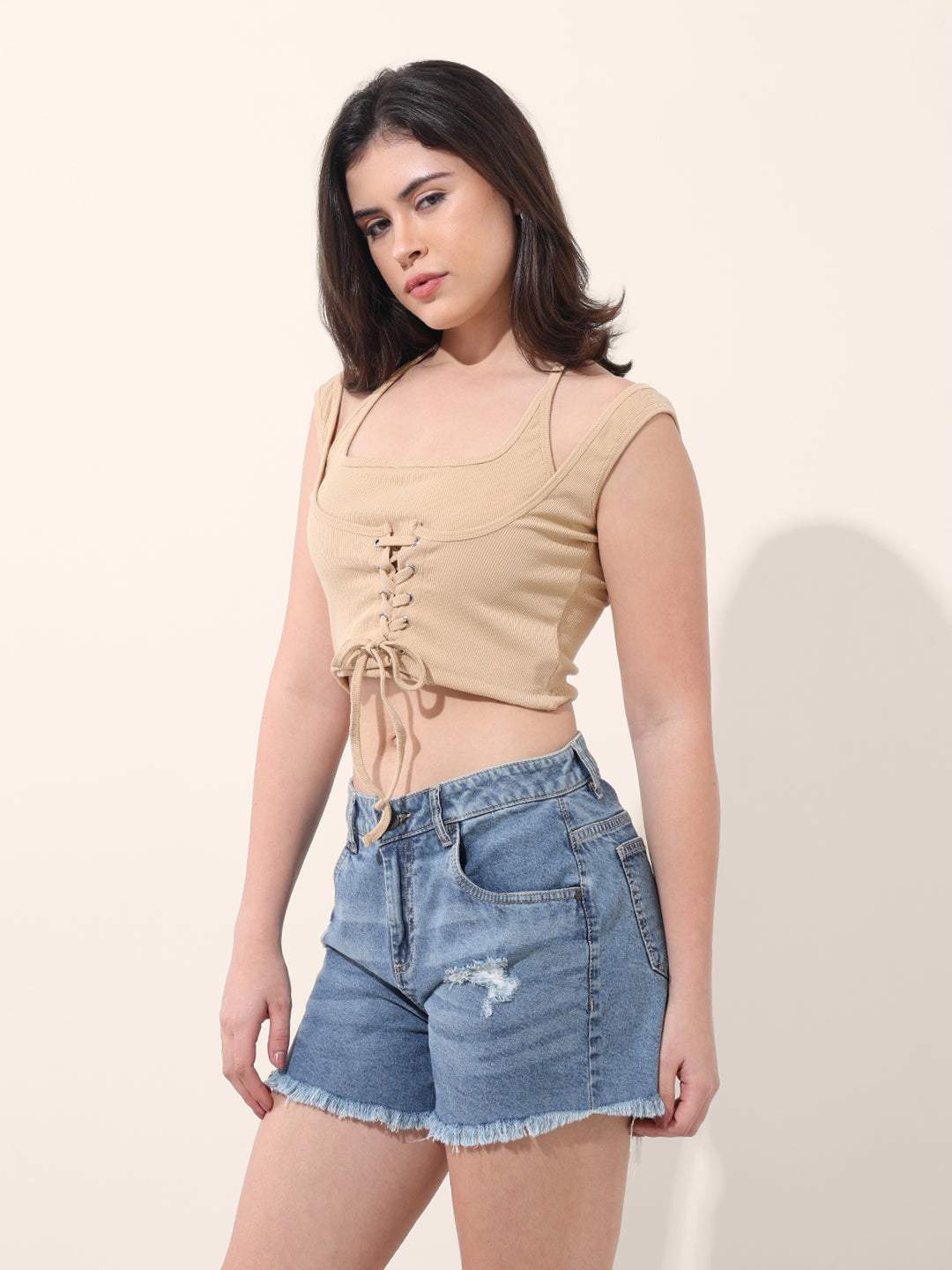 Women's Beige Regular Fit Casual Solid Tops