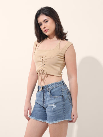 Women's Beige Regular Fit Casual Solid Tops