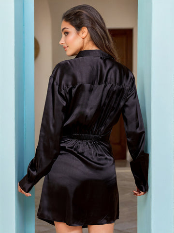 Women's Satin Boxy Fit Pleated Dress