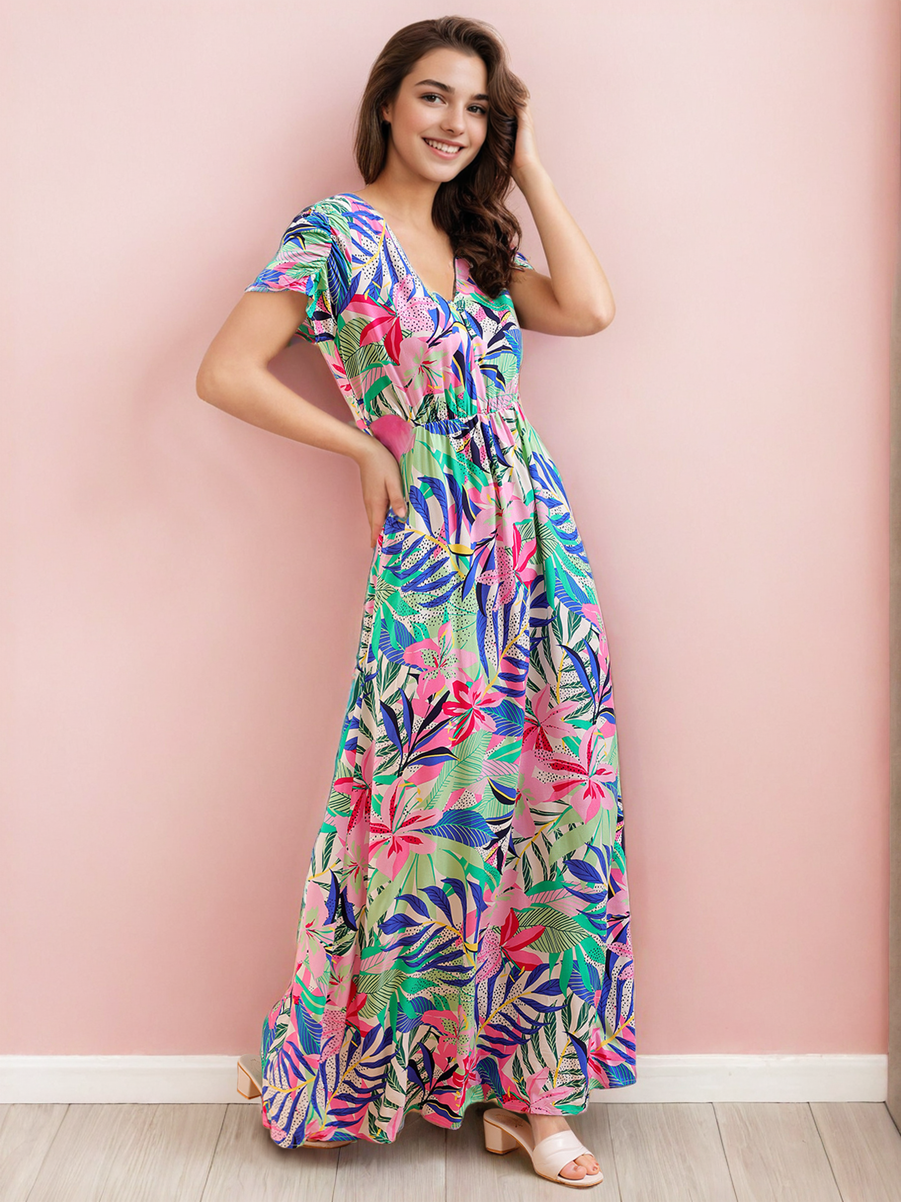 Women's Tropical Maxi Dress With Cut Out