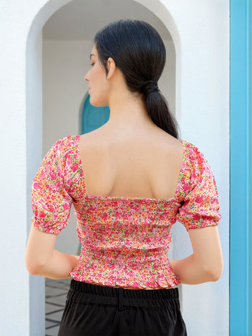 Women's Floral Printed Square Neck Smoked Top