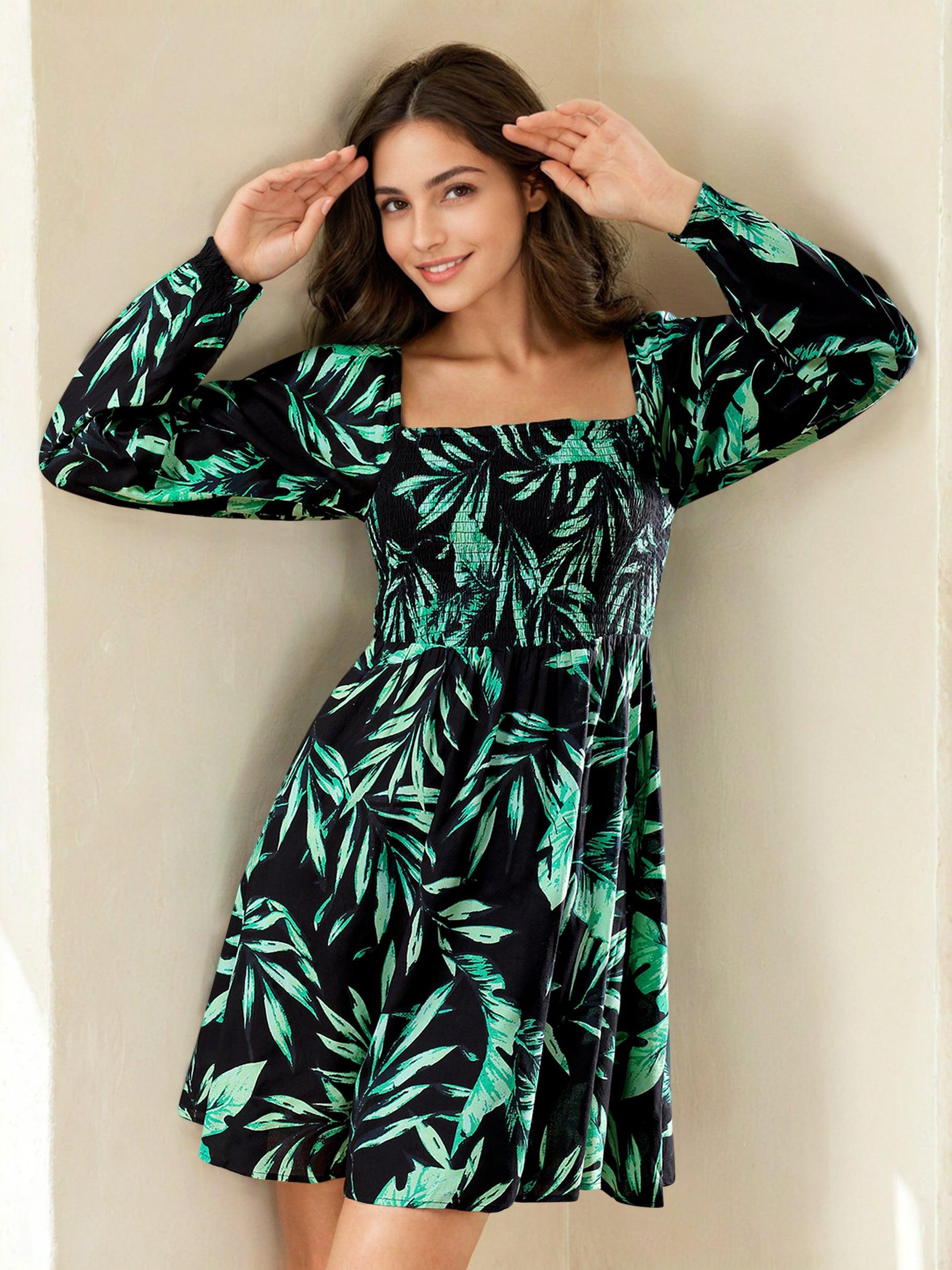 Women's Smocked Printed Flare Dress