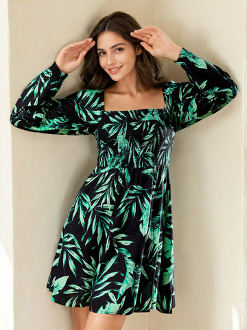 Women's Smocked Printed Flare Dress