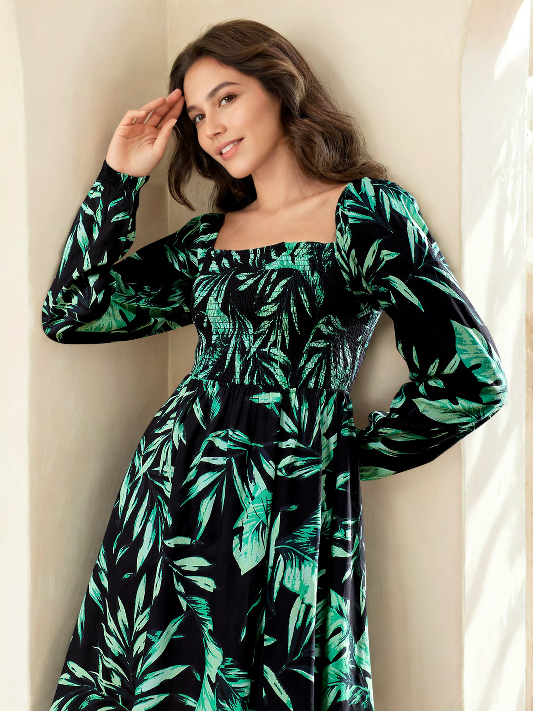 Women's Smocked Printed Flare Dress