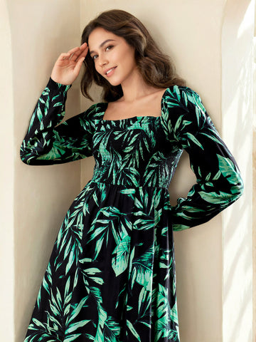 Women's Smocked Printed Flare Dress