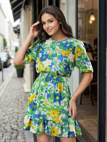 Women's Elasticated Waist Floral Midi Dress