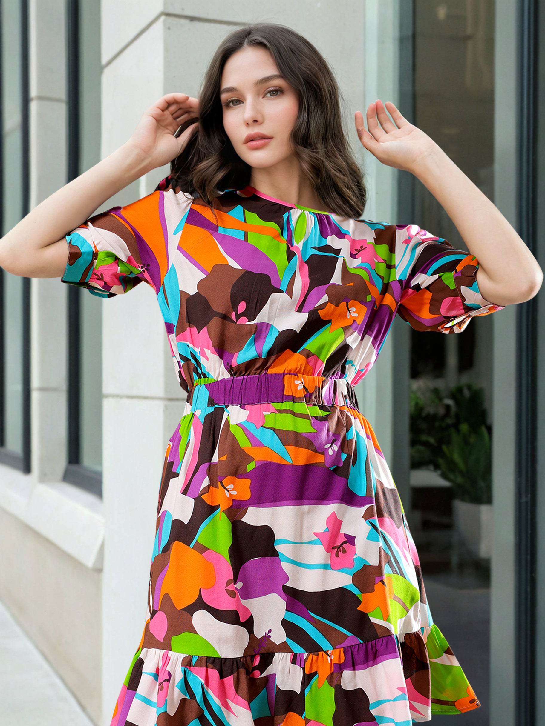 Women's Elasticated Waist Floral Midi Dress