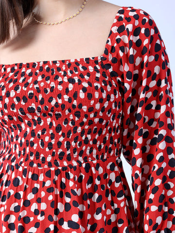 Women's Smocked Printed Flare Dress