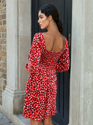 Women's Smocked Printed Flare Dress