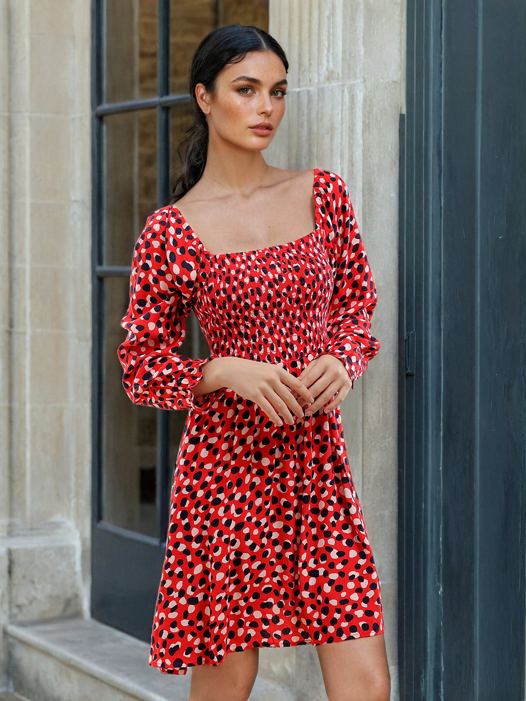 Women's Smocked Printed Flare Dress