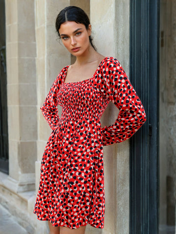 Women's Smocked Printed Flare Dress