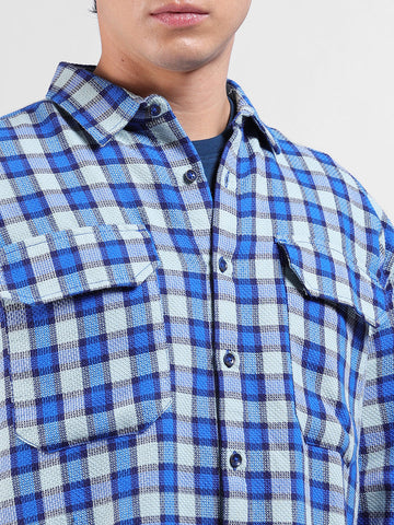 Men's Blue Relaxed Fit Checked Casual Shirt