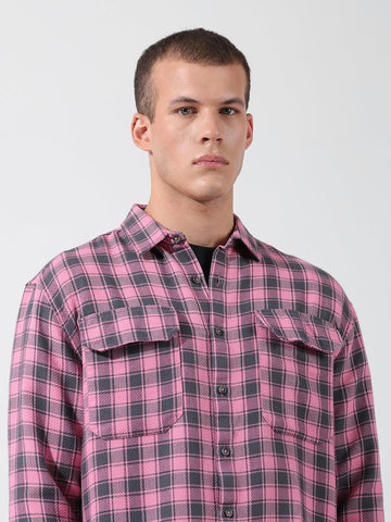 Men's Pink Relaxed Fit Checked Casual Shirt
