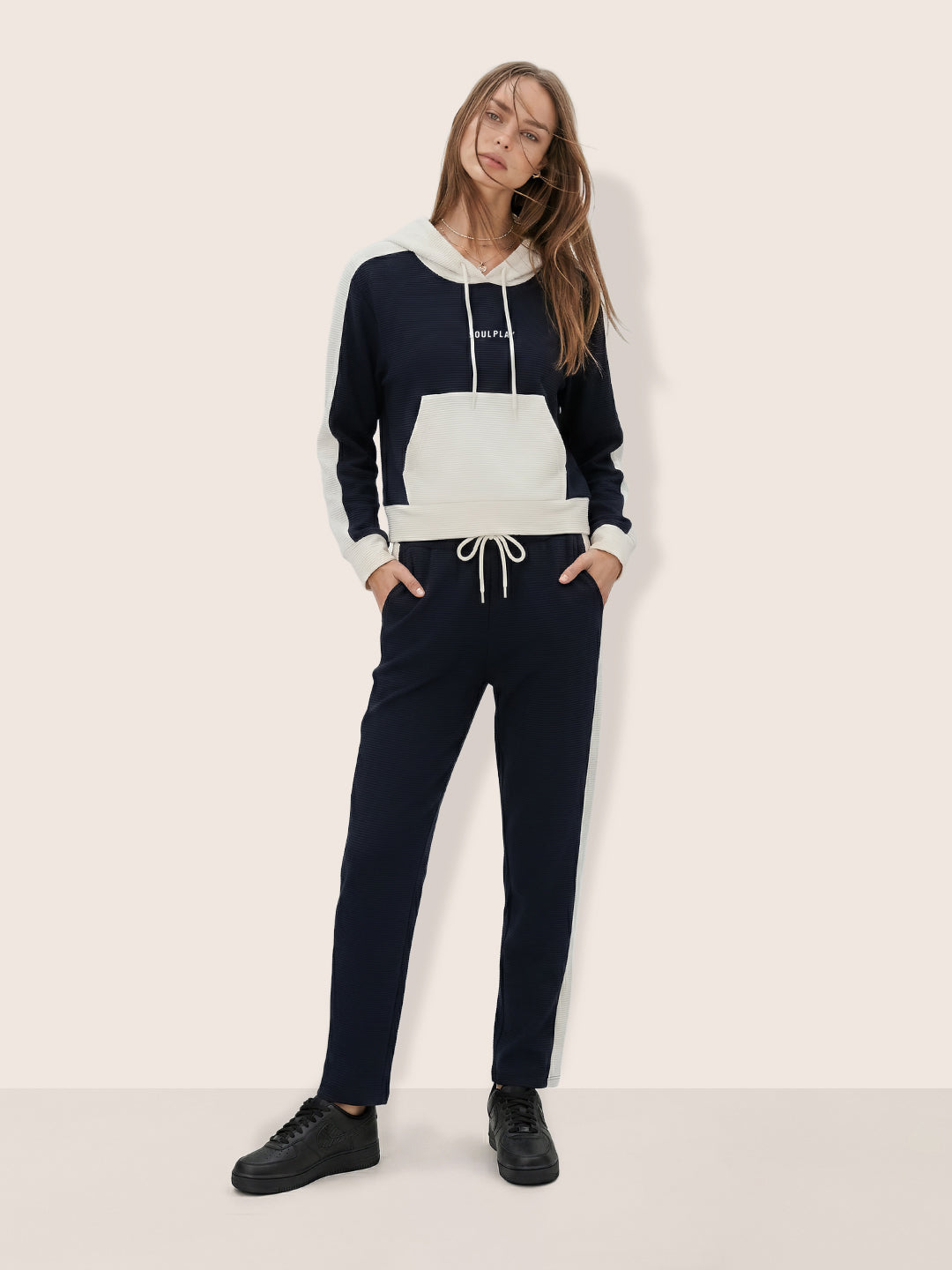 Women's Navy Blue Loose Fit Colourblocked Athlet Wear Coordinates