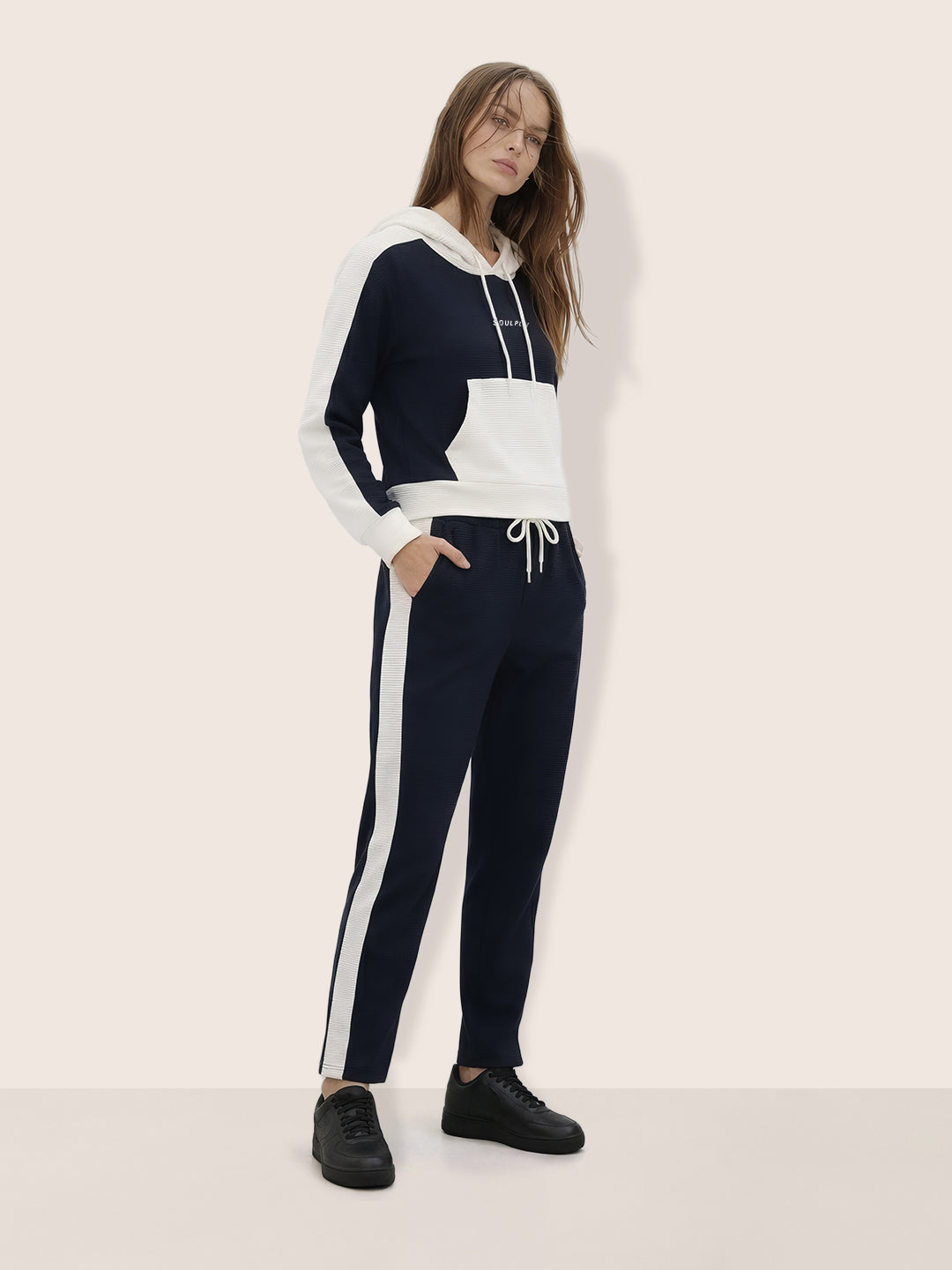 Women's Navy Blue Loose Fit Colourblocked Athlet Wear Coordinates