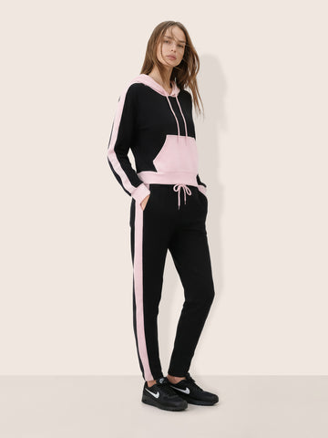 Women's Black Loose Fit Colourblocked Athlet Wear Coordinates