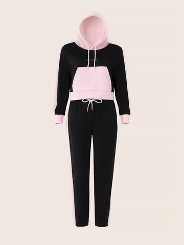 Women's Black Loose Fit Colourblocked Athlet Wear Coordinates