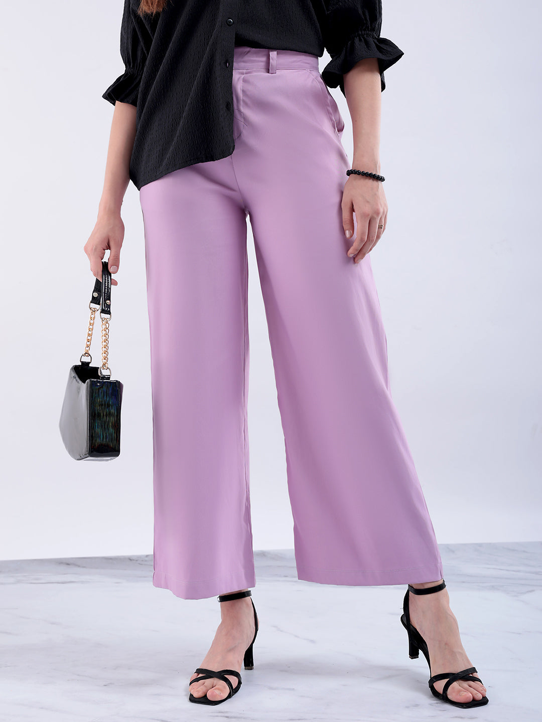 Women's Purple Flare Solid Trouser With Elasticated Waistband