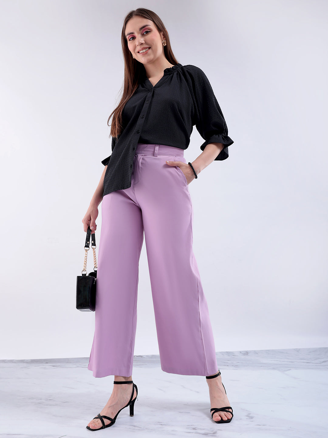 Women's Purple Flare Solid Trouser With Elasticated Waistband