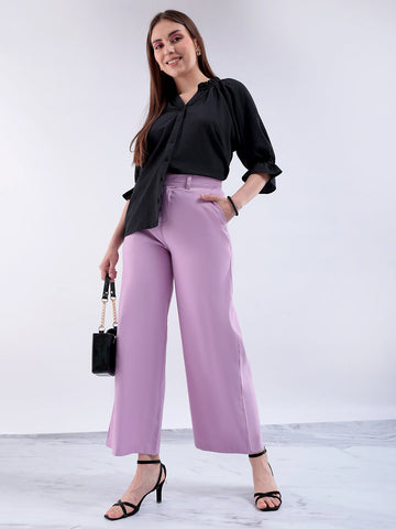Women's Purple Flare Solid Trouser With Elasticated Waistband