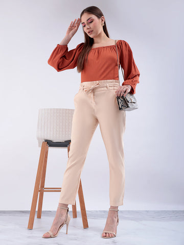 Women's Beige Slim Solid Elasticated Ruffle Waist Trouser