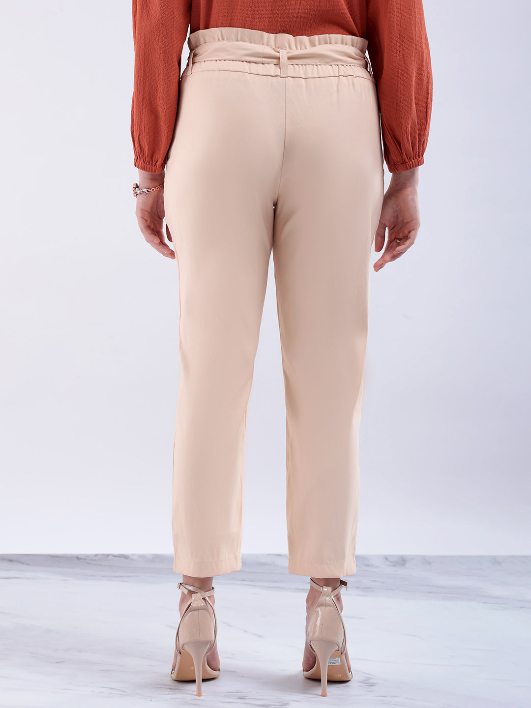 Women's Beige Slim Solid Elasticated Ruffle Waist Trouser