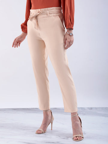 Women's Beige Slim Solid Elasticated Ruffle Waist Trouser