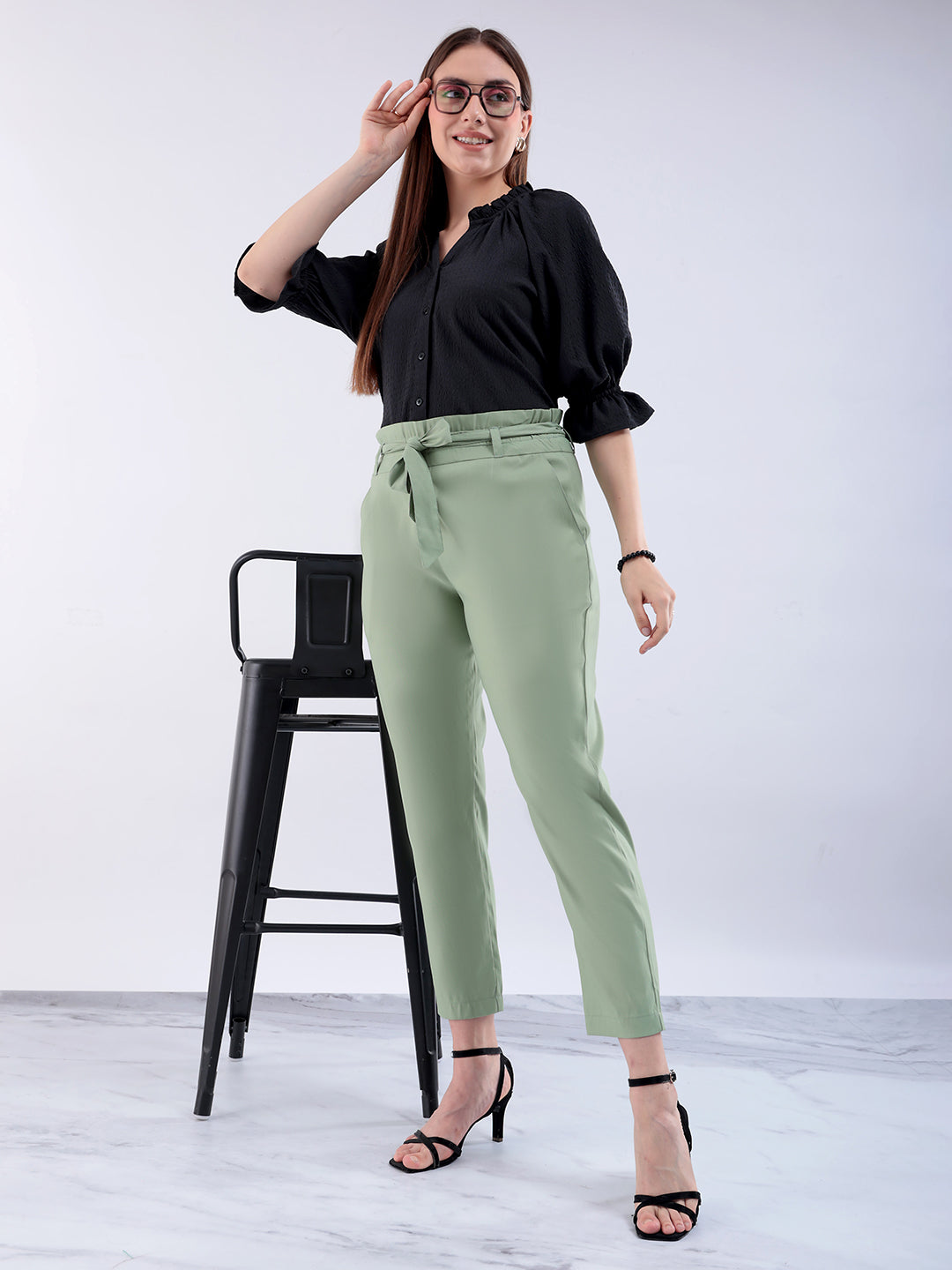 Women's Green Slim Solid Elasticated Ruffle Waist Trouser