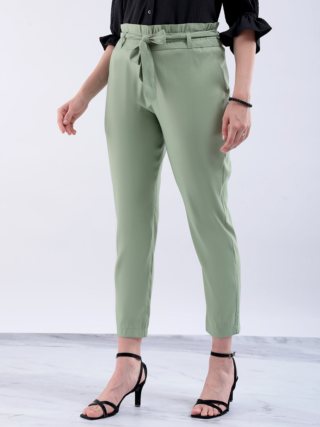 Women's Green Slim Solid Elasticated Ruffle Waist Trouser