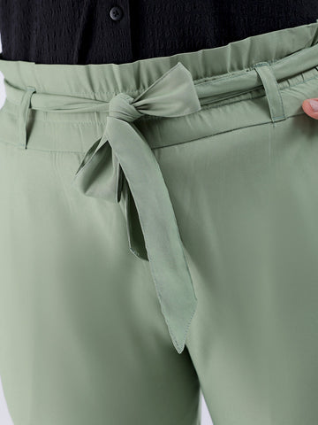 Women's Green Slim Solid Elasticated Ruffle Waist Trouser