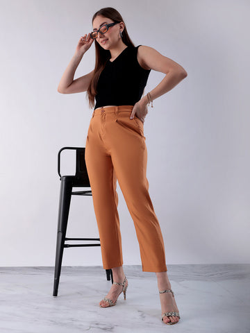 Women's Yellow Straight Solid Semi Formal Elasticated Trouser
