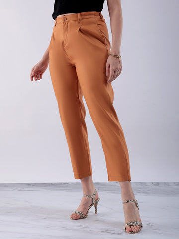 Women's Yellow Straight Solid Semi Formal Elasticated Trouser