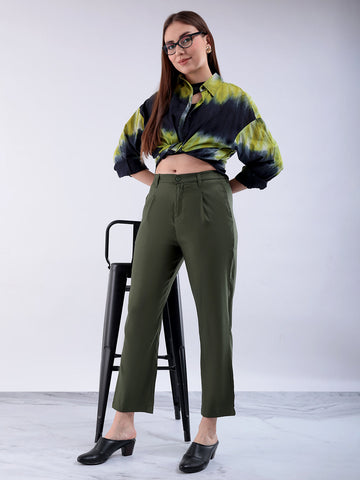 Women's Green Straight Solid Front Pleate Tapered Elasticated Trouser