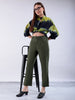 Women's Green Straight Solid Front Pleate Tapered Elasticated Trouser