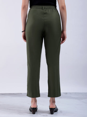 Women's Green Straight Solid Front Pleate Tapered Elasticated Trouser
