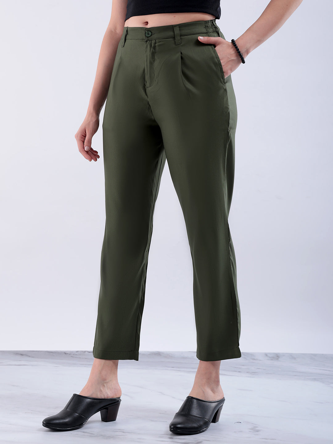 Women's Green Straight Solid Front Pleate Tapered Elasticated Trouser