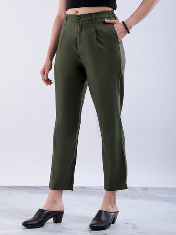 Women's Green Straight Solid Front Pleate Tapered Elasticated Trouser
